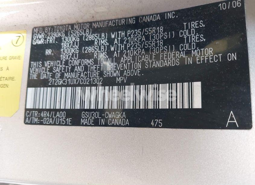 Photo 9 of 2007 Lexus Rx 350 (VIN 2T2GK31UX7C021302)