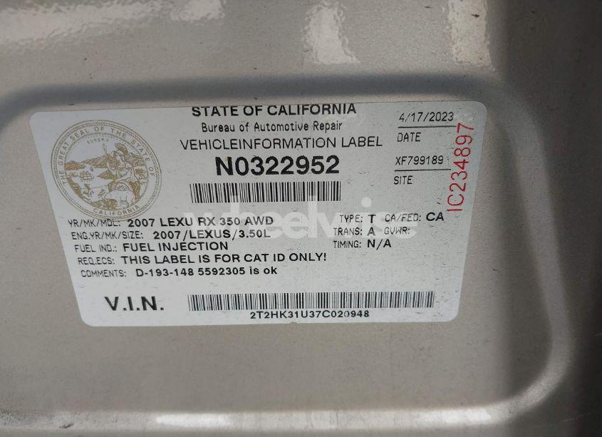 Photo 9 of 2007 Lexus Rx 350 (VIN 2T2HK31U37C020948)