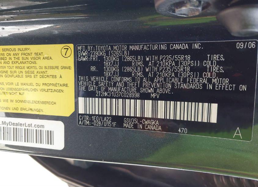 Photo 9 of 2007 Lexus Rx 350 (VIN 2T2HK31U37C028998)