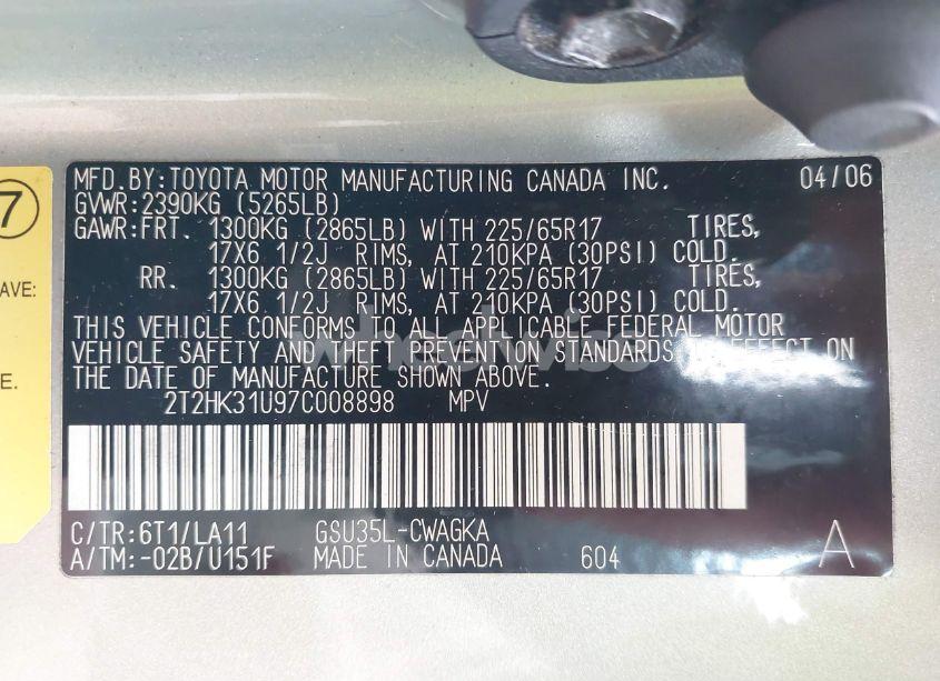 Photo 9 of 2007 Lexus Rx 350 (VIN 2T2HK31U97C008898)