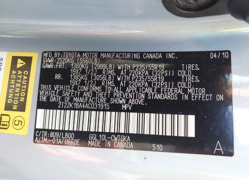 Photo 9 of 2010 Lexus Rx 350 (VIN 2T2ZK1BA4AC031915)