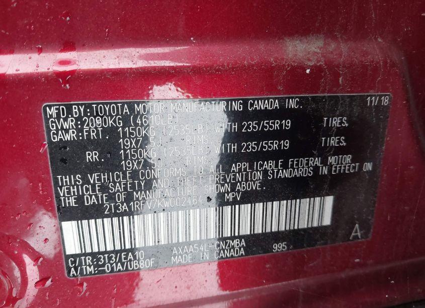 Photo 9 of 2019 Toyota Rav4 XLE PREMIUM (VIN 2T3A1RFV7KW002464)