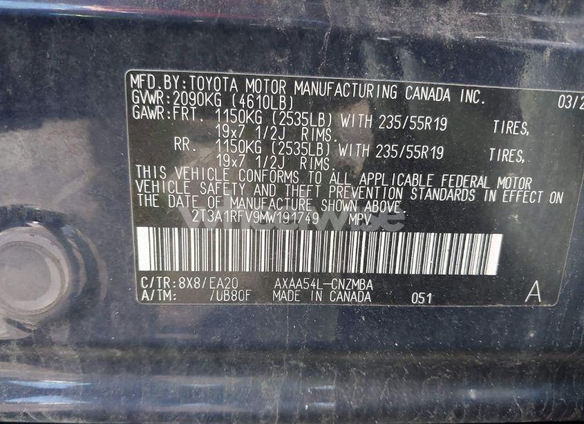 Photo 9 of 2021 Toyota Rav4 XLE PREMIUM (VIN 2T3A1RFV9MW191749)