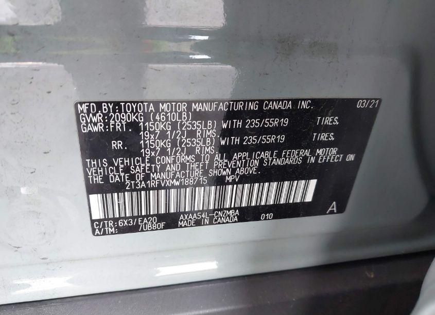 Photo 9 of 2021 Toyota Rav4 XLE PREMIUM (VIN 2T3A1RFVXMW188715)