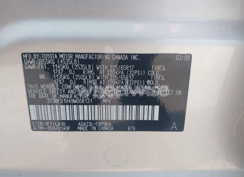 Photo 9 of 2009 Toyota Rav4 LIMITED (VIN 2T3BF31V49W008131)