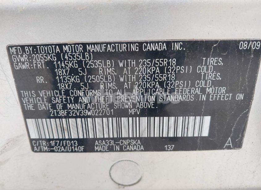 Photo 9 of 2009 Toyota Rav4 SPORT (VIN 2T3BF32V39W022701)