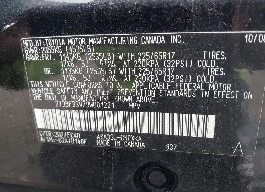 Photo 9 of 2009 Toyota Rav4 (VIN 2T3BF33V79W001221)