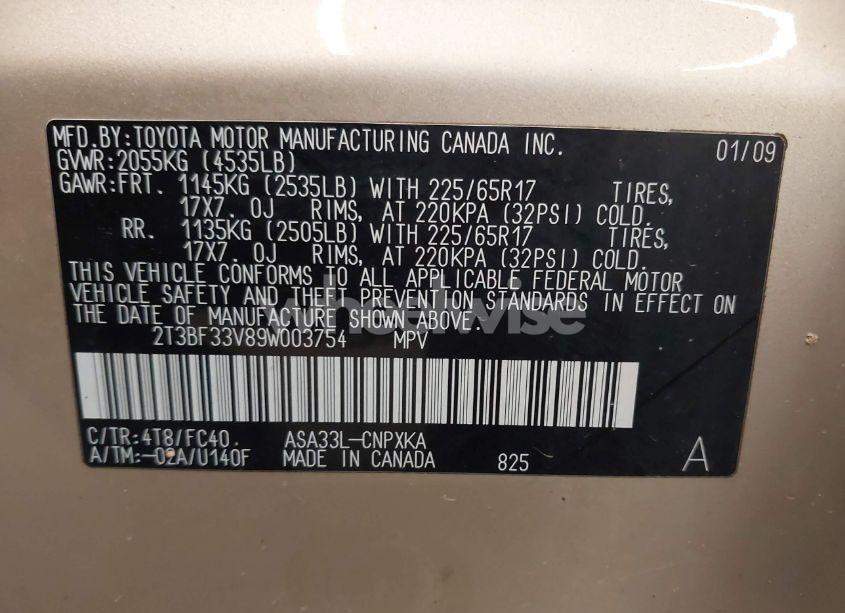 Photo 9 of 2009 Toyota Rav4 (VIN 2T3BF33V89W003754)