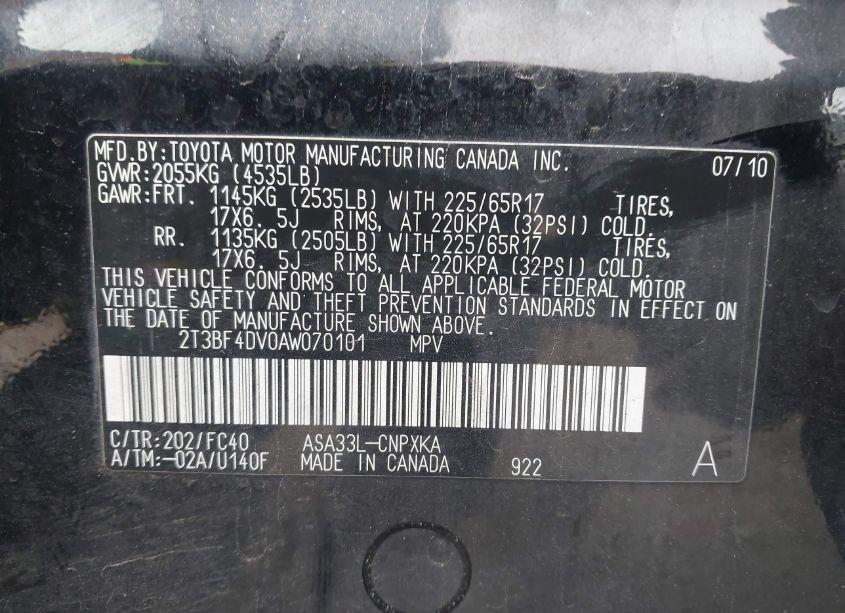 Photo 9 of 2010 Toyota Rav4 (VIN 2T3BF4DV0AW070101)