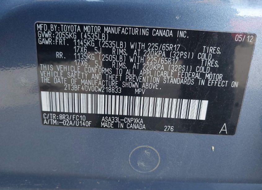 Photo 9 of 2012 Toyota Rav4 (VIN 2T3BF4DV0CW218833)