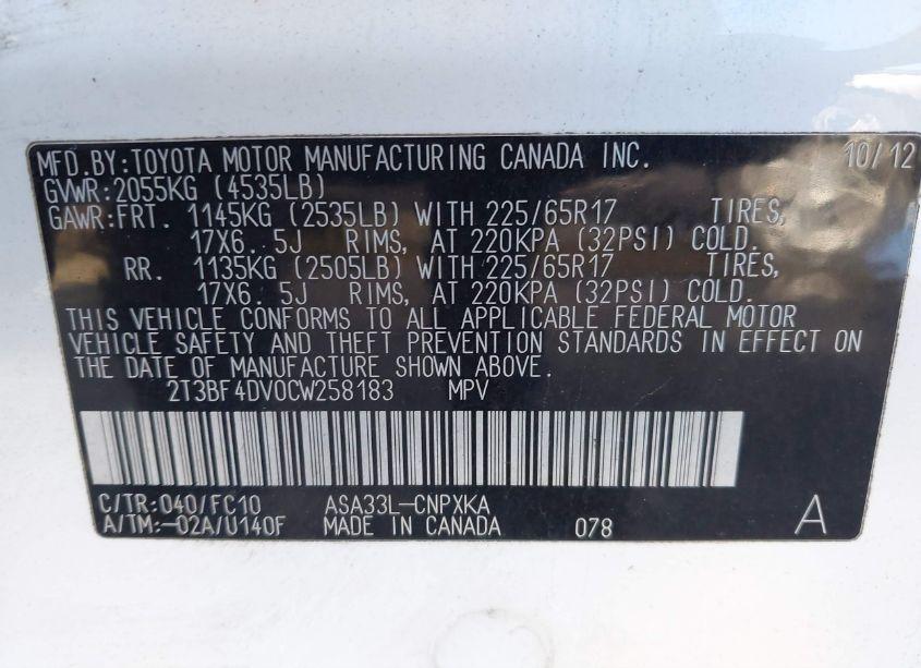 Photo 9 of 2012 Toyota Rav4 (VIN 2T3BF4DV0CW258183)