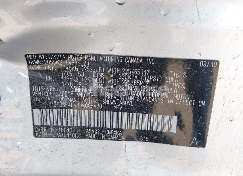 Photo 9 of 2011 Toyota Rav4 (VIN 2T3BF4DV1BW085420)