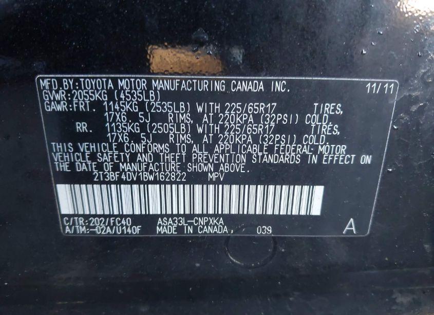 Photo 9 of 2011 Toyota Rav4 (VIN 2T3BF4DV1BW162822)