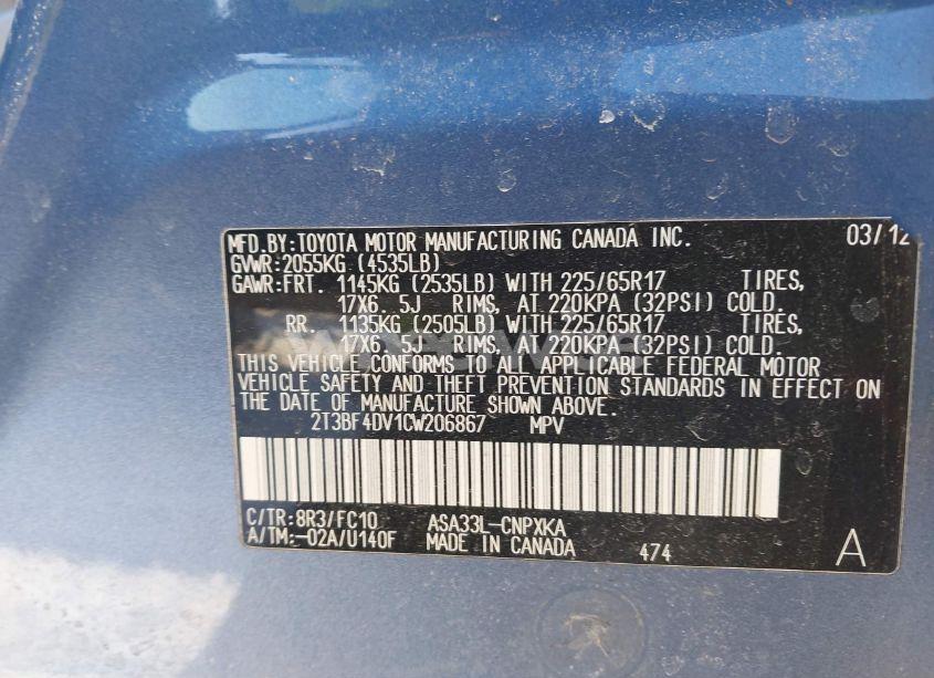 Photo 9 of 2012 Toyota Rav4 (VIN 2T3BF4DV1CW206867)