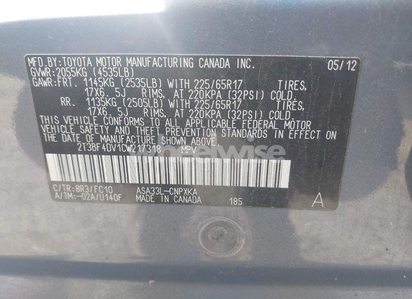 Photo 9 of 2012 Toyota Rav4 (VIN 2T3BF4DV1CW217318)