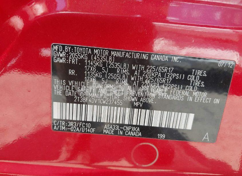 Photo 9 of 2012 Toyota Rav4 (VIN 2T3BF4DV1CW237455)