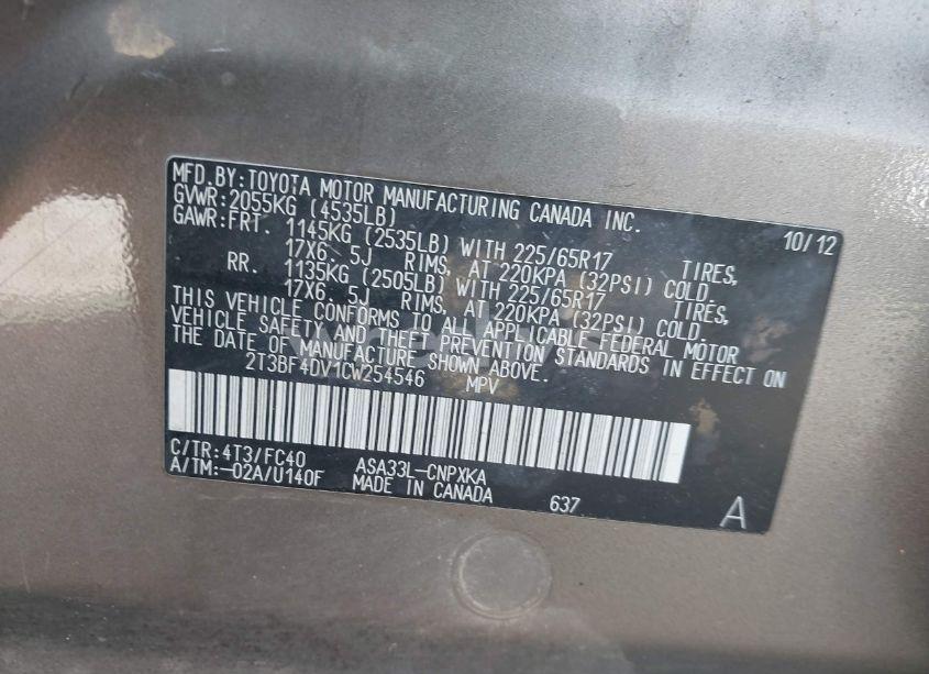 Photo 9 of 2012 Toyota Rav4 (VIN 2T3BF4DV1CW254546)