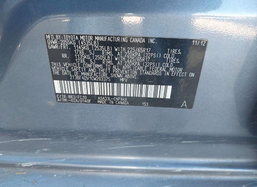 Photo 9 of 2012 Toyota Rav4 (VIN 2T3BF4DV1CW263375)