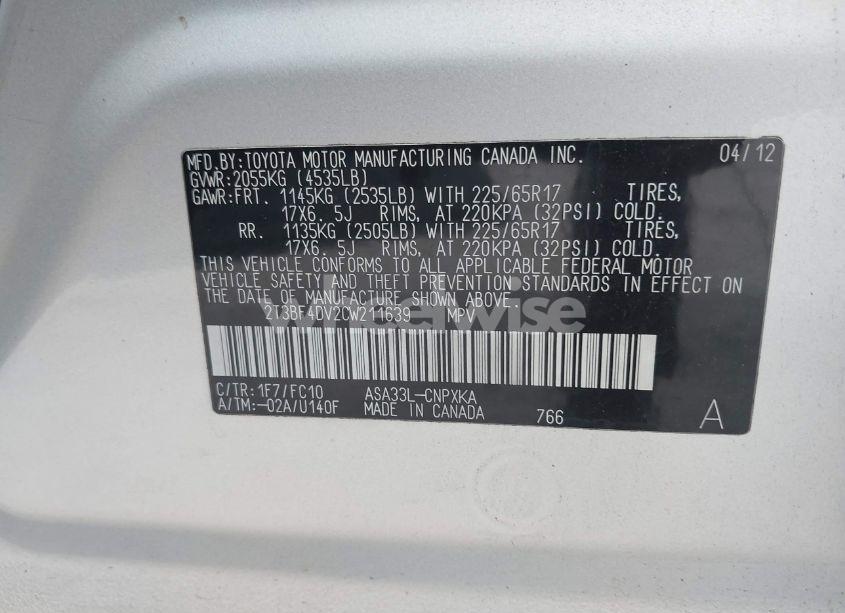 Photo 9 of 2012 Toyota Rav4 (VIN 2T3BF4DV2CW211639)
