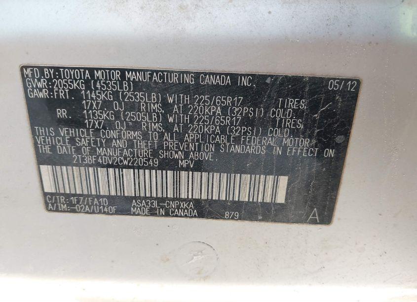 Photo 9 of 2012 Toyota Rav4 (VIN 2T3BF4DV2CW220549)