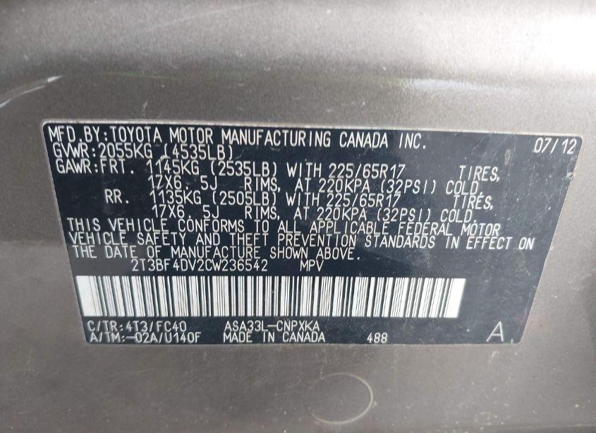 Photo 9 of 2012 Toyota Rav4 (VIN 2T3BF4DV2CW236542)