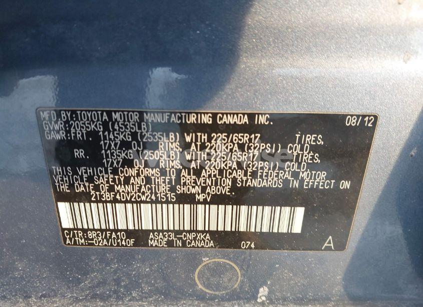 Photo 9 of 2012 Toyota Rav4 (VIN 2T3BF4DV2CW241515)