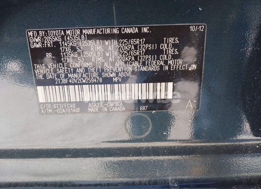 Photo 9 of 2012 Toyota Rav4 (VIN 2T3BF4DV2CW259478)