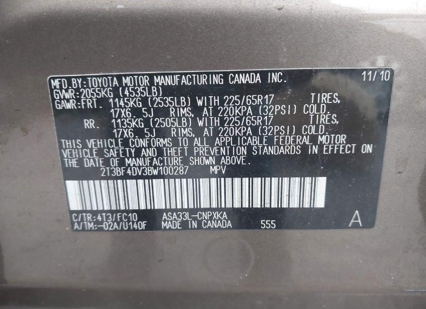 Photo 9 of 2011 Toyota Rav4 (VIN 2T3BF4DV3BW100287)