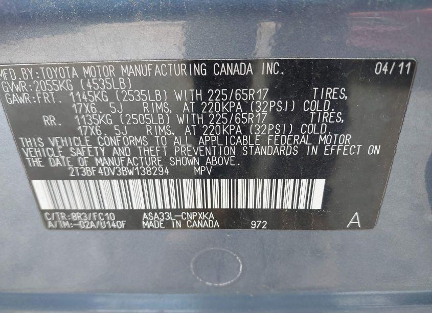 Photo 9 of 2011 Toyota Rav4 (VIN 2T3BF4DV3BW138294)