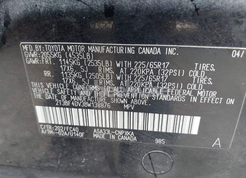 Photo 9 of 2011 Toyota Rav4 (VIN 2T3BF4DV3BW138876)