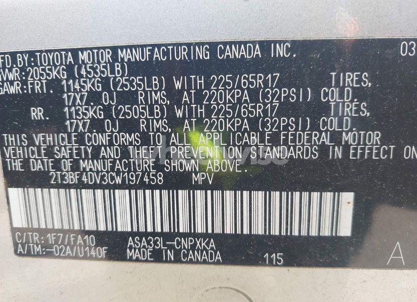 Photo 9 of 2012 Toyota Rav4 (VIN 2T3BF4DV3CW197458)