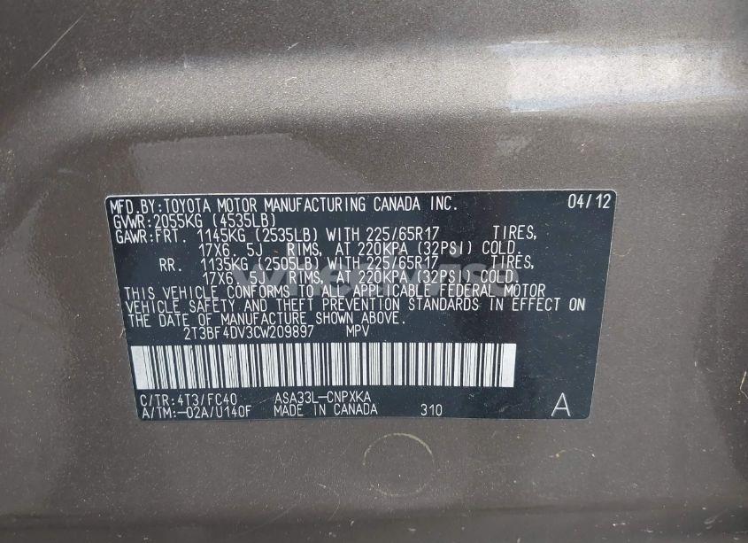 Photo 9 of 2012 Toyota Rav4 (VIN 2T3BF4DV3CW209897)