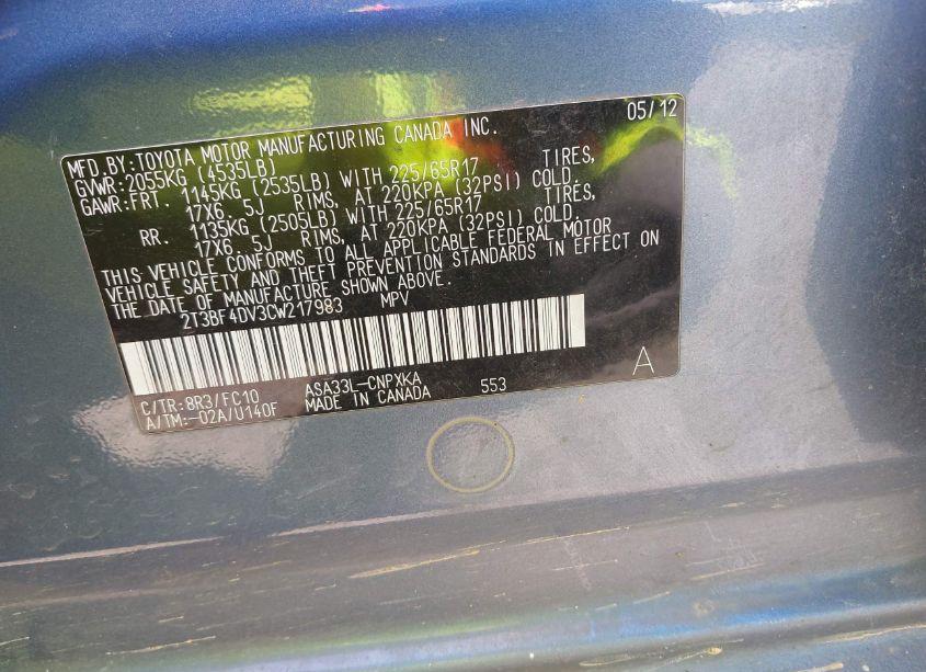 Photo 9 of 2012 Toyota Rav4 (VIN 2T3BF4DV3CW217983)