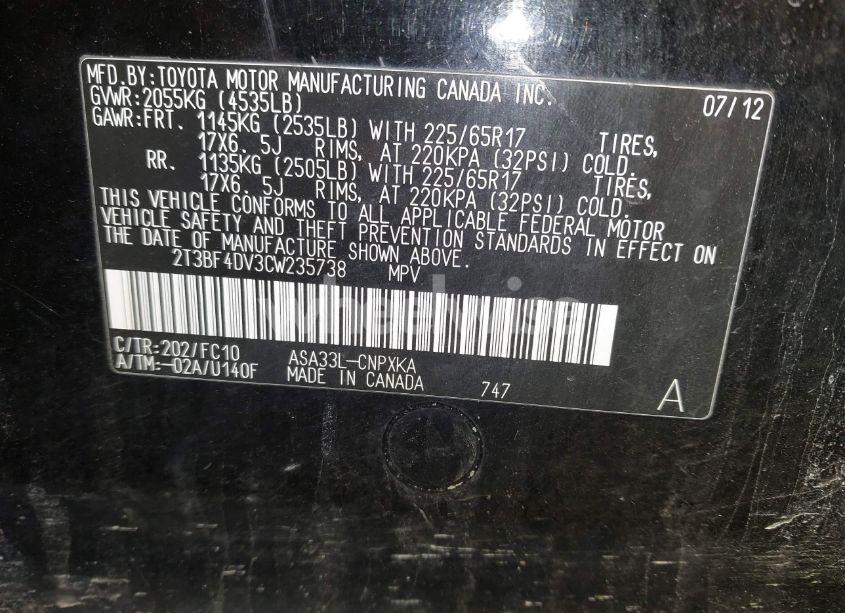 Photo 9 of 2012 Toyota Rav4 (VIN 2T3BF4DV3CW235738)