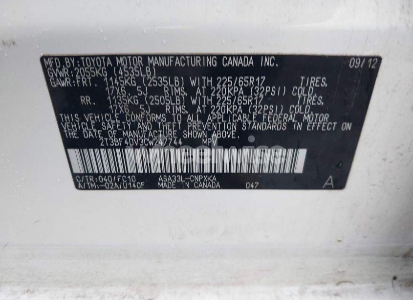 Photo 9 of 2012 Toyota Rav4 (VIN 2T3BF4DV3CW247744)