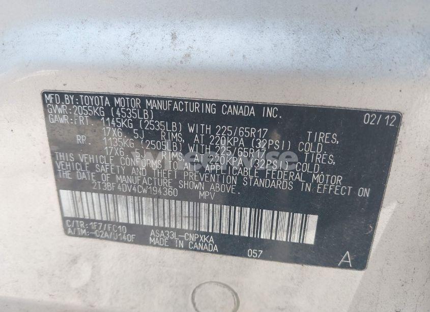 Photo 9 of 2012 Toyota Rav4 (VIN 2T3BF4DV4CW194360)