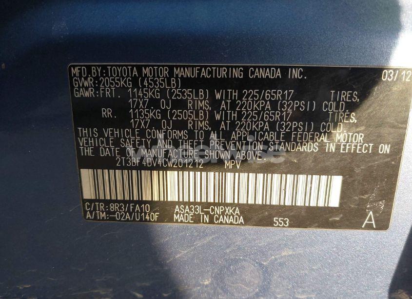 Photo 9 of 2012 Toyota Rav4 (VIN 2T3BF4DV4CW201212)