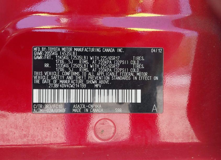 Photo 9 of 2012 Toyota Rav4 (VIN 2T3BF4DV4CW214199)