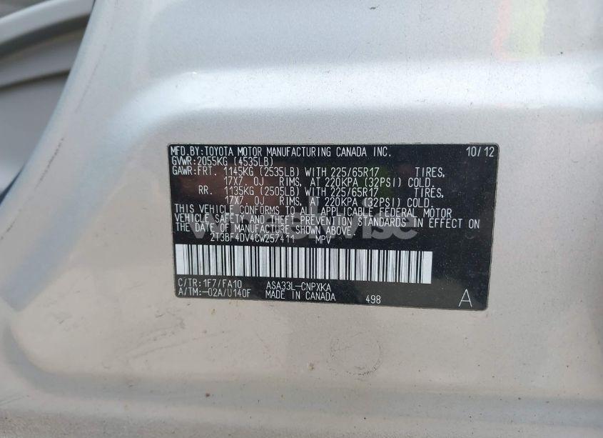 Photo 9 of 2012 Toyota Rav4 (VIN 2T3BF4DV4CW257411)