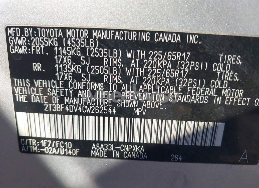 Photo 9 of 2012 Toyota Rav4 (VIN 2T3BF4DV4CW262544)
