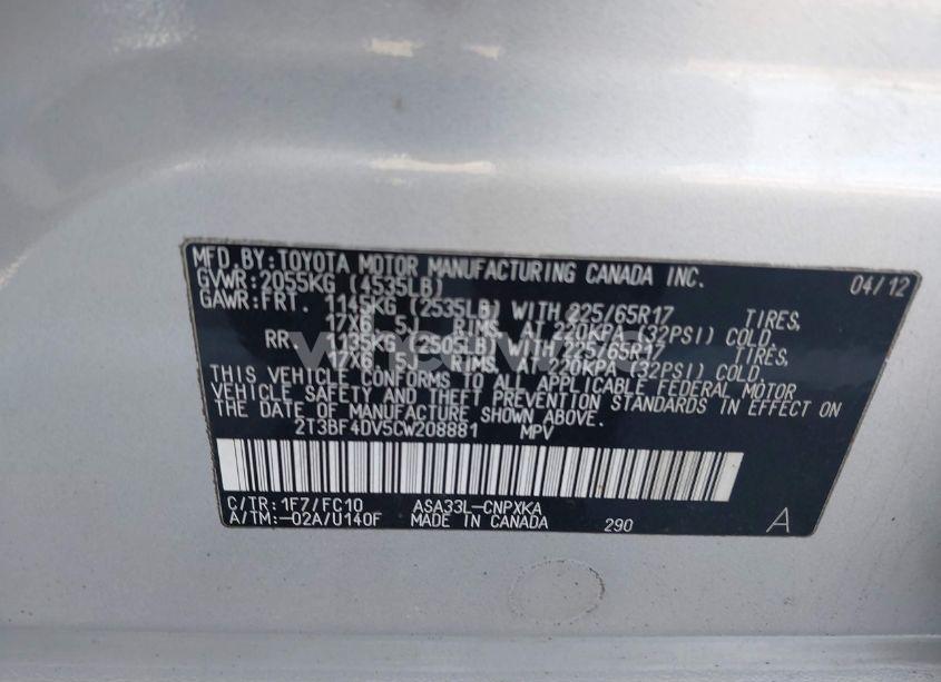 Photo 9 of 2012 Toyota Rav4 (VIN 2T3BF4DV5CW208881)