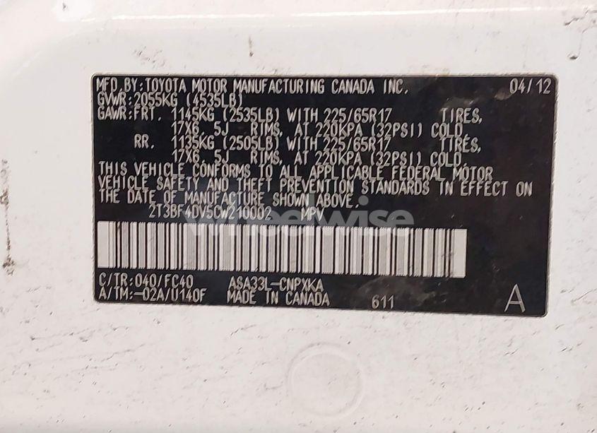 Photo 9 of 2012 Toyota Rav4 (VIN 2T3BF4DV5CW210002)