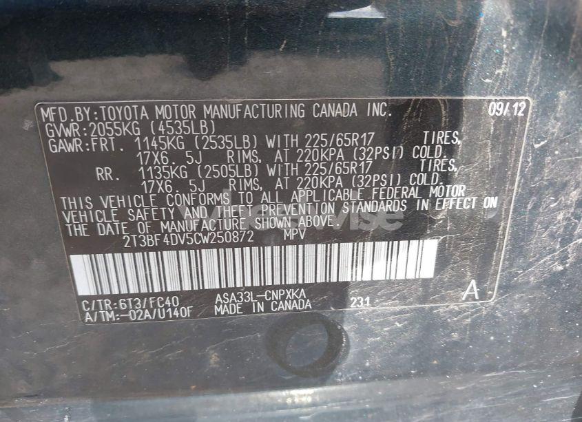 Photo 9 of 2012 Toyota Rav4 (VIN 2T3BF4DV5CW250872)