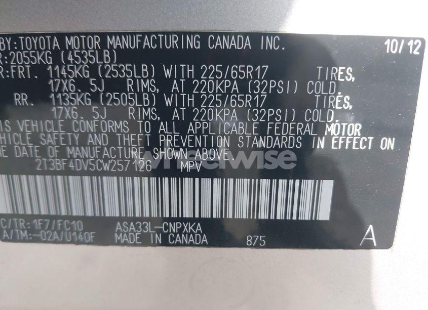 Photo 9 of 2012 Toyota Rav4 (VIN 2T3BF4DV5CW257126)