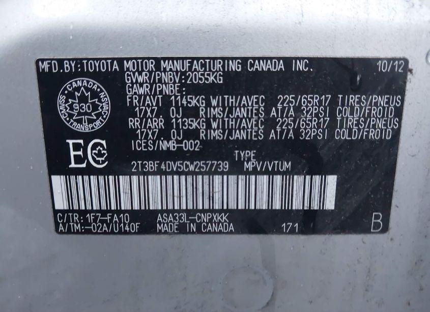 Photo 9 of 2012 Toyota Rav4 (VIN 2T3BF4DV5CW257739)