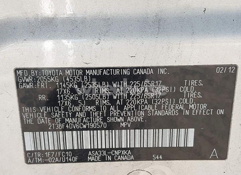 Photo 9 of 2012 Toyota Rav4 (VIN 2T3BF4DV6CW190570)