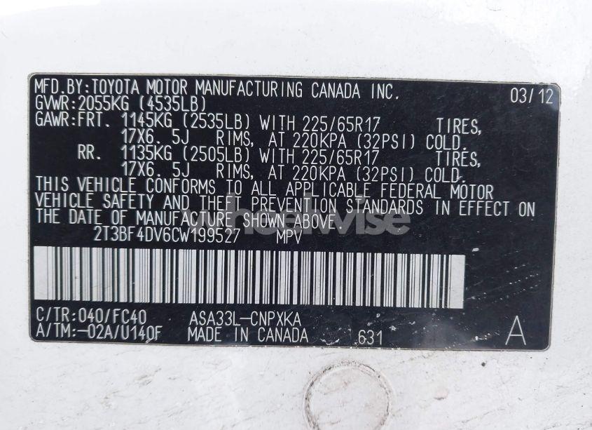 Photo 9 of 2012 Toyota Rav4 (VIN 2T3BF4DV6CW199527)