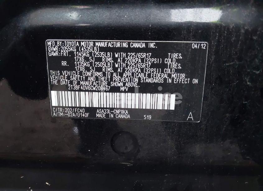 Photo 9 of 2012 Toyota Rav4 (VIN 2T3BF4DV6CW208467)