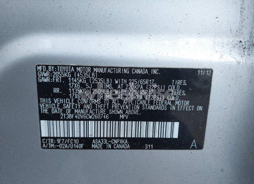 Photo 9 of 2012 Toyota Rav4 (VIN 2T3BF4DV6CW260746)
