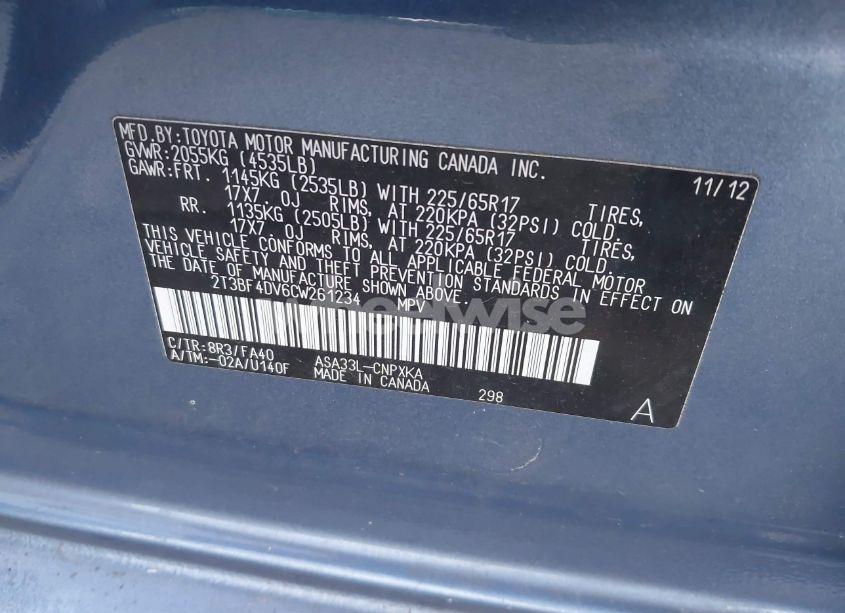 Photo 9 of 2012 Toyota Rav4 (VIN 2T3BF4DV6CW261234)